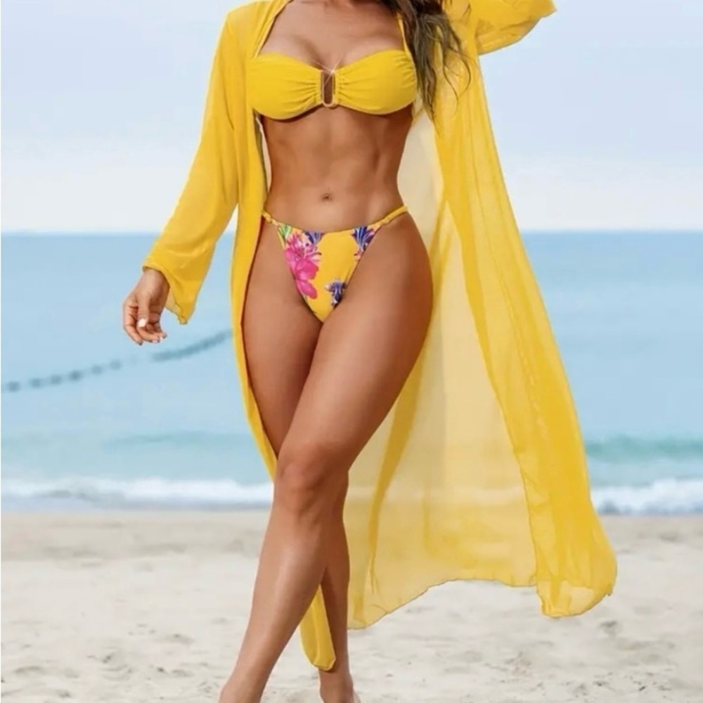 3pc Yellow Tropical High Cut Bikini Set with Kimono Cover Up